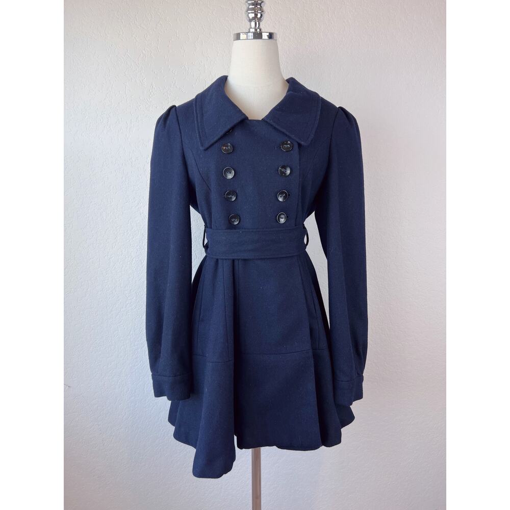 Vintage Y2K Forever 21 Navy Wool Blend Pea Coat size Large Belted